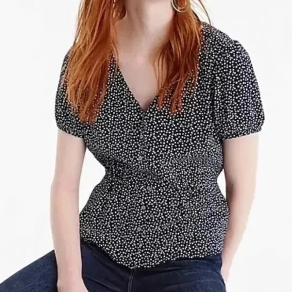 J. Crew Women's Size 4 Button Up Peplum Top Navy Blue White Star J1462 4th July - Picture 1 of 10